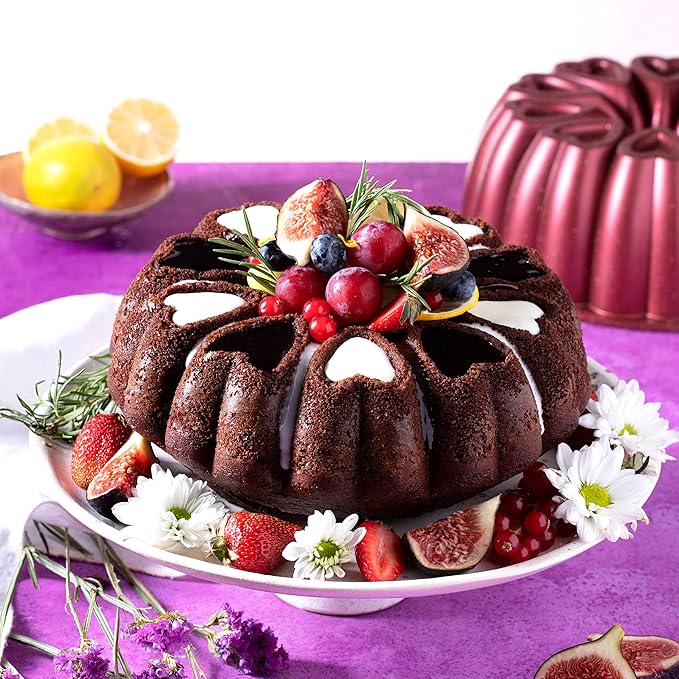 Heart Shape Cast Aluminum Molded Cake Pan, Titanium Coating, Non-Stick, 12 Cups, Heavy Duty, 10 Inch Pound Pan intended for Bundt Cakes, Gifts for Mom, Fluted Tube Pan, Easy to Clean (Red)