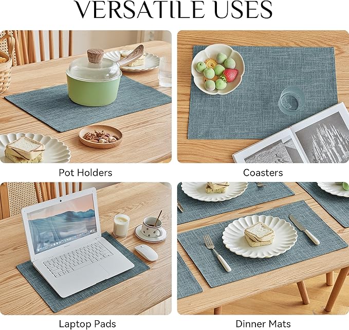 Softalker Faux Linen Placemats Set of 4-12 x 18 Inch, Heat Resistant Double Layered Durable Burlap Farmhouse Place Mats, Non-Slip Washable Rustic Table Mats for Dining, Kitchen, Party（Light Blue