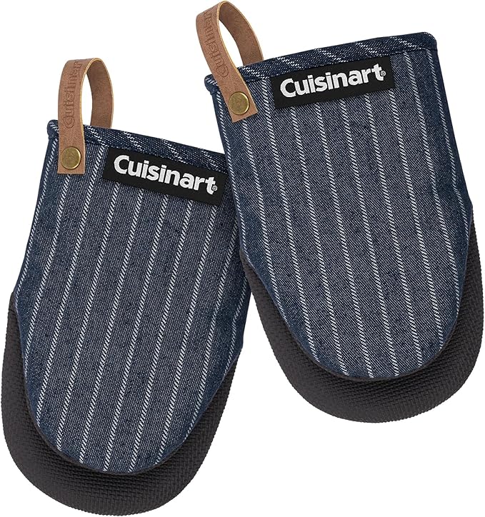 Cuisinart Heritage Mini Oven Mitts–5.5”x7” Heat-Resistant Kitchen Mitts for Oven with Non-Slip Neoprene Palm, Cotton Filling, and Faux Leather Loop–Durable Oven Mitt Set (Denim Pinstripe)