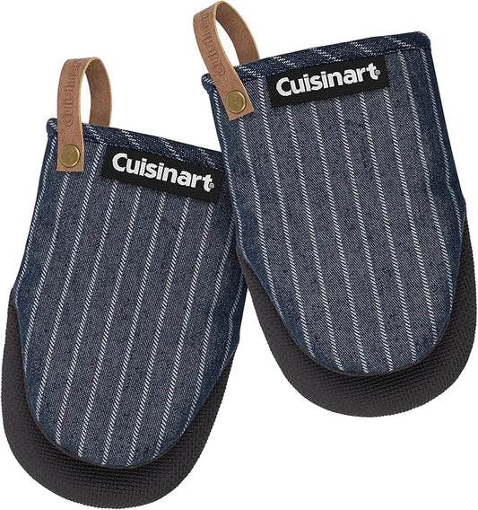 Cuisinart Heritage Mini Oven Mitts–5.5”x7” Heat-Resistant Kitchen Mitts for Oven with Non-Slip Neoprene Palm, Cotton Filling, and Faux Leather Loop–Durable Oven Mitt Set (Denim Pinstripe)