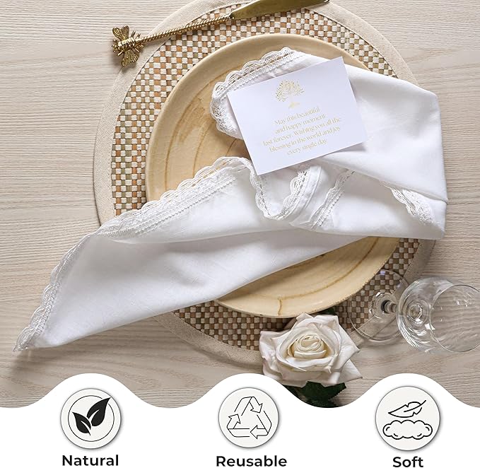 Ramanta Home White Coth Dinner Napkin Set of 12 Premium Cotton 20X20 Inch Oversized Linen Flax Lace Soft & Durable Washable Ideal for Everyday Use Parties Thanksgiving Christmas Halloween