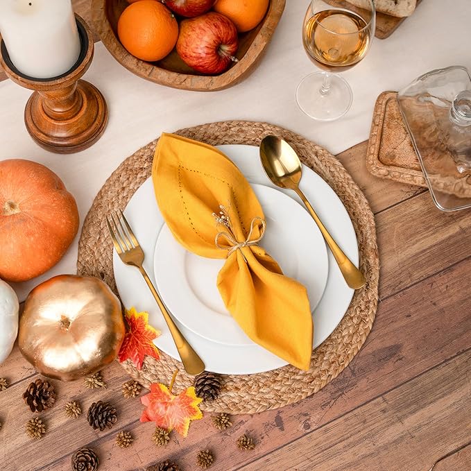 Blue Needles Set of 12 Hemstitch Linen Napkins 100% Cotton Golden Yellow Cloth Dinner Napkins 18x18 inches, Soft Reusable Absorbent Washable, Ideal for Fall Thanksgiving Events, Parties & Everyday Use