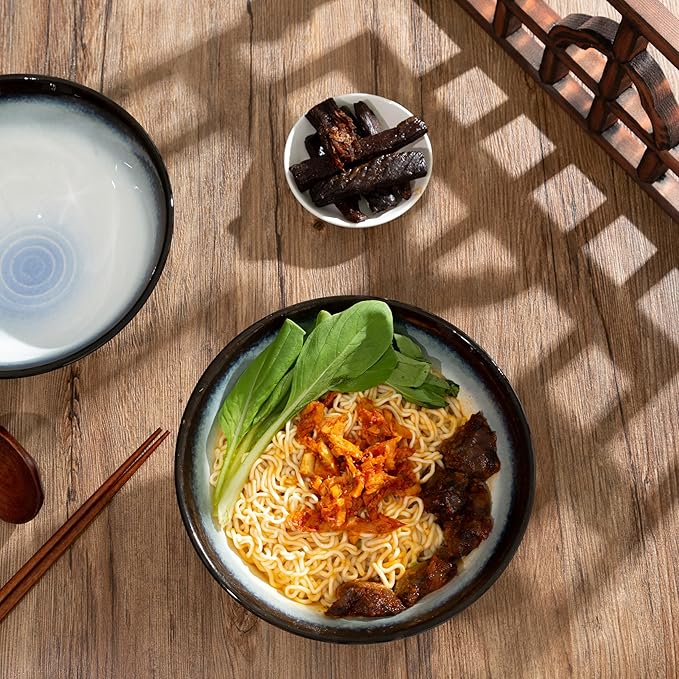 8 Inch Ceramic Ramen Bowl Set of 2, 40oz Japanese Bowls with Spoons & Chopsticks,Durable,Microwave & Dishwasher Safe,Perfect for Ramen,Pho,Salad,Soup,Noodles，Mixing bowls（Midnight）