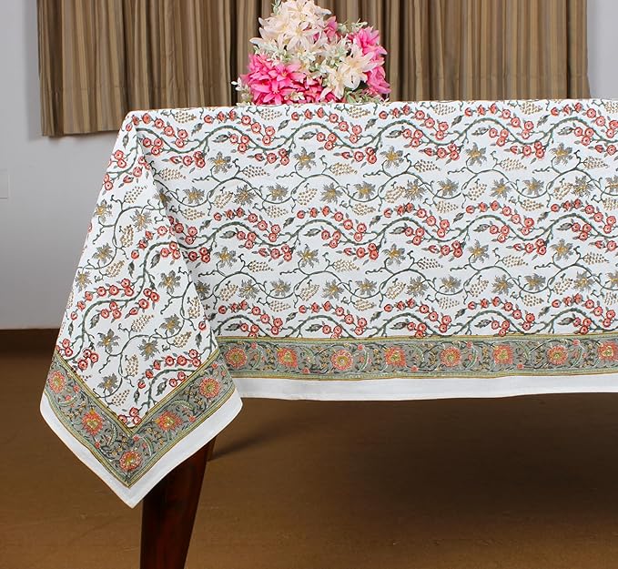 Ridhi Coral Pink Hand Block Print Cotton Rectangle Tablecloth 120 X 60 inches Reusable Table Cover Decorative Everyday Use for Dining Room, Farmhouse, Home, Party, Festive & Wedding, Fall