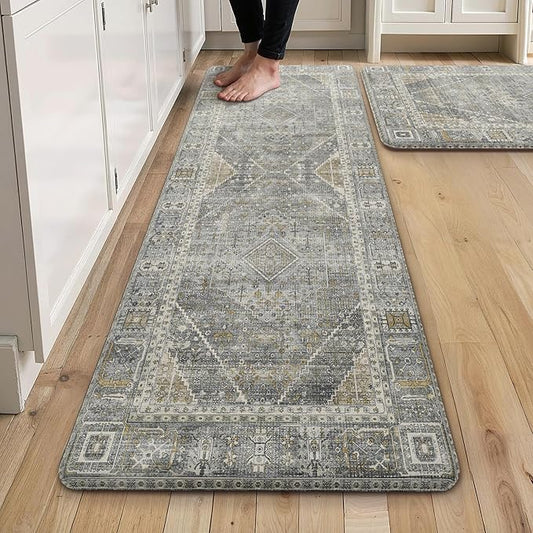 GENIMO Kitchen Mats for Floor 2PCs, Washable Anti Fatigue Mat for Cushioned, 17.3"x47"+17.3"x30", Waterproof Kitchen Rugs, Non Slip Comfort Standing Mat Rug for Home, Sink, Laundry, Lightgrey