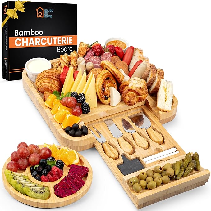 Large Bamboo Charcuterie Boards Gift Set with Hidden Drawer, Side Fruit Tray, Cheese Knife Set, Ceramic Bowls, Recipe Book - House Warming Gifts New Home