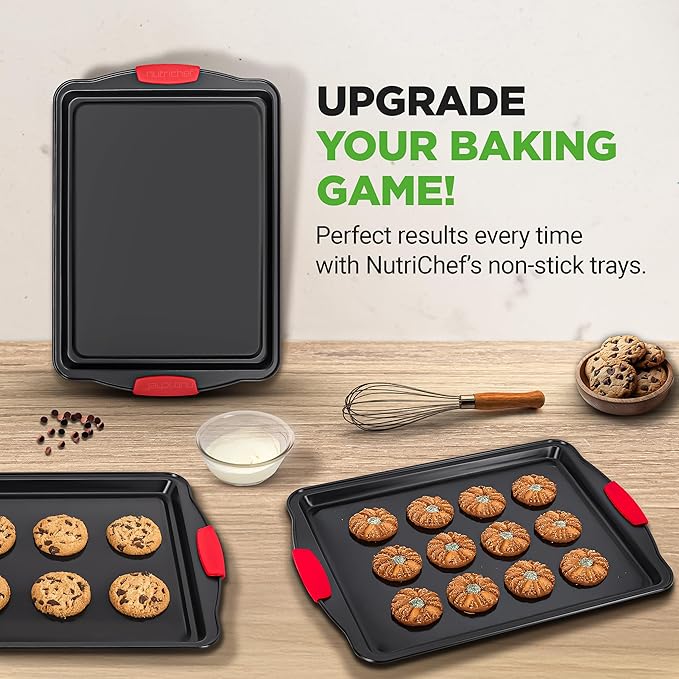 NutriChef 3-Piece Large Nonstick Cookie Sheets for Baking | Premium Food-Grade Carbon Steel, Non-Stick Tray Set with Silicone Handles, Oven Safe up to 446°F | Easy to Clean, 17.2 x 11.8 x 0.7 Inch
