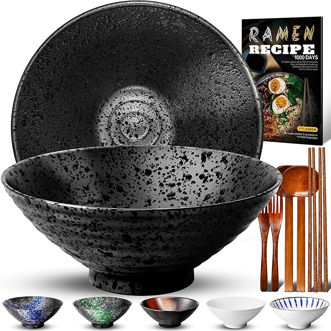 8-Inch Ceramic Ramen Bowl Set of 2 (9 Piece) - Porcelain Japanese Salad Noodles Cereal Fruit Pasta Soup Large Bowls with Recipes Chopsticks Forks Spoons for Men Women Gift Microwave & Dishwasher Safe