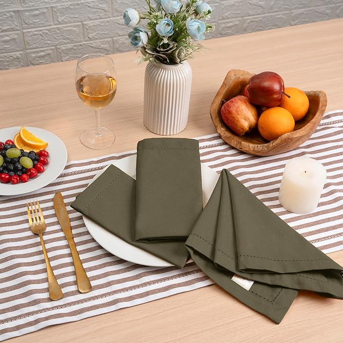 Blue Needles Set of 12 Hemstitch Linen Napkins 100% Cotton Olive Green Cloth Dinner Napkins 18x18 inches, Soft, Reusable, Absorbent, Washable Ideal for Fall Thanksgiving Events, Parties & Everyday Use