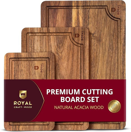 ROYAL CRAFT WOOD Acacia Wood Cutting Boards Set of 3 – Premium Wooden Cutting Boards for Kitchen Meal Prep & Serving - Charcuterie & Chopping Butcher Block for Meat with Deep Juice Groove Side Handles