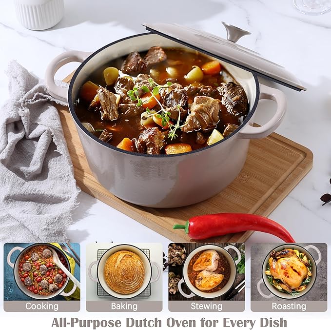 E-far Enameled Dutch Oven Pot for Bread Baking, 6QT Enameled Cast Iron Cookware with Self-Basting Lid & Sourdough Bread Baking Supplies, Heavy Duty Casserole Pot & Dual Handles-Khaki