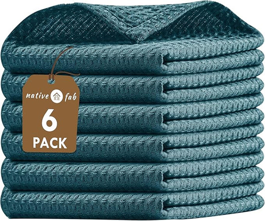 Native Fab 6 Pack Waffle Dish Cloths - 100% Cotton Absorbent, Quick Drying & Soft Towels for Cleaning, Cooking & Baking - Ideal for Home, Restaurants & Cafes - 12x12 Inches - Teal Green
