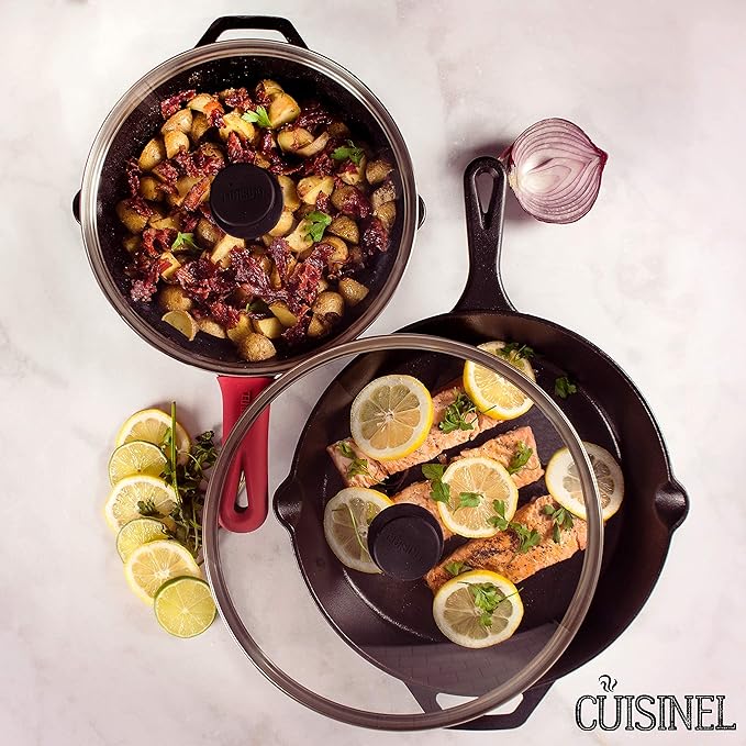 Cuisinel Cast Iron Skillet Set - 10" + 12" Frying Pan + Glass Lids + 2 Handle Cover Grips - Pre-Seasoned Oven Cookware - Indoor/Outdoor Use - Grill, Stovetop, Induction, BBQ, Camping, Fire Use