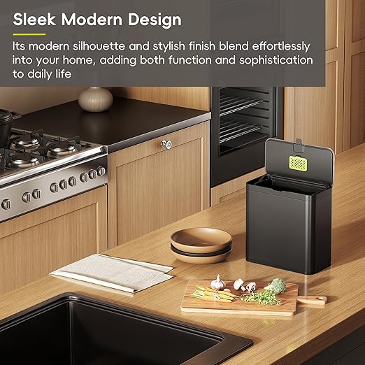 EKO Kitchen Compost Bin, 7L / 1.85 Gal Stainless Steel with Removable Inner Bucket and Deodorizer Compartment, 2-in-1 Countertop Compost Bin with Lid, Food Waste Caddy for Kitchen (Matte Black)