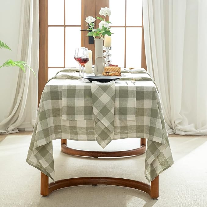 EVERLY 100% Yarn-Dyed Linen Rectangle Tablecloths 60x120Inches for Dining,Buffet Parties,Picnic,Events and Restaurants,Decorative Halloween,Thanksgiving Machine Washable Tablecloths-Sage Green Plaid
