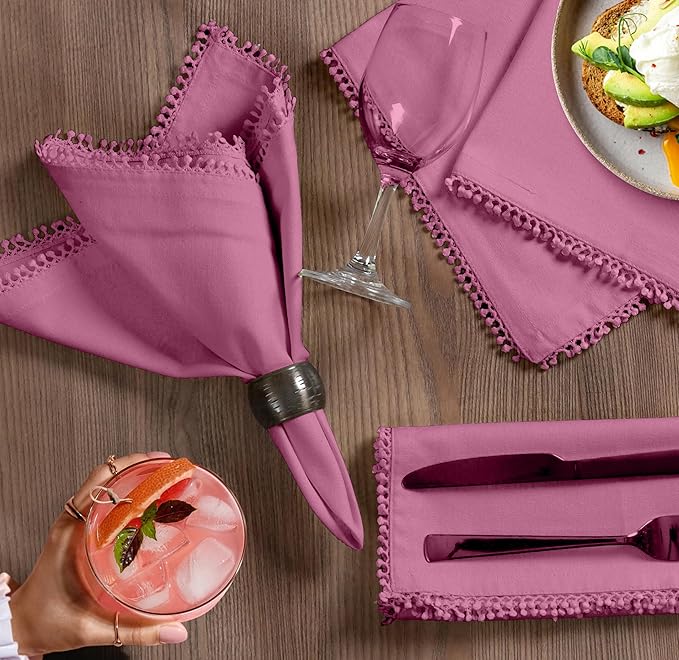 Bedding Craft Cotton Cloth Dinner Napkins Set of 12 – 18x18 Wild Orchid Pink with Decorative Lace Selvedge – Elegant Machine Washable Fabric Napkins for Weddings, Parties, Baby Showers & Table Décor