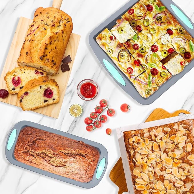 Tongjude 47 Pieces Silicone Baking Pans Set, 6 Silicone Cake Molds, Loaf Pan, Doughnut Pans, Non-Stick Baking Cup, with Measuring Cups and Spoons Set, Grey