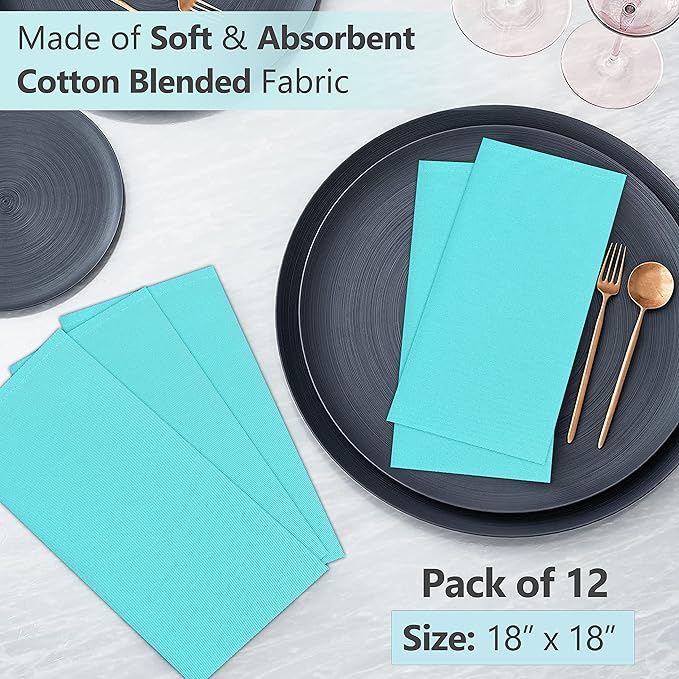 Ruvanti Cloth Napkins Set of 12, 18x18 Inches Napkins Cloth Washable, Soft, Durable, Absorbent, Cotton Blend. Table Dinner Napkins Cloth for Hotel, Lunch, Restaurant, Wedding, Parties - Waterspout