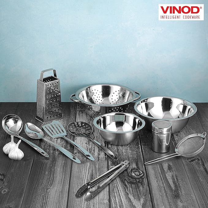 Vinod Stainless Steel Cookware Set 11-Piece, Kitchen Starter Set Includes Mixing Bowls Set, Stainless Steel Colander| Kitchen Food Strainer, 4-Side Grater, Serving Spoons, Ladle & Utility Tongs