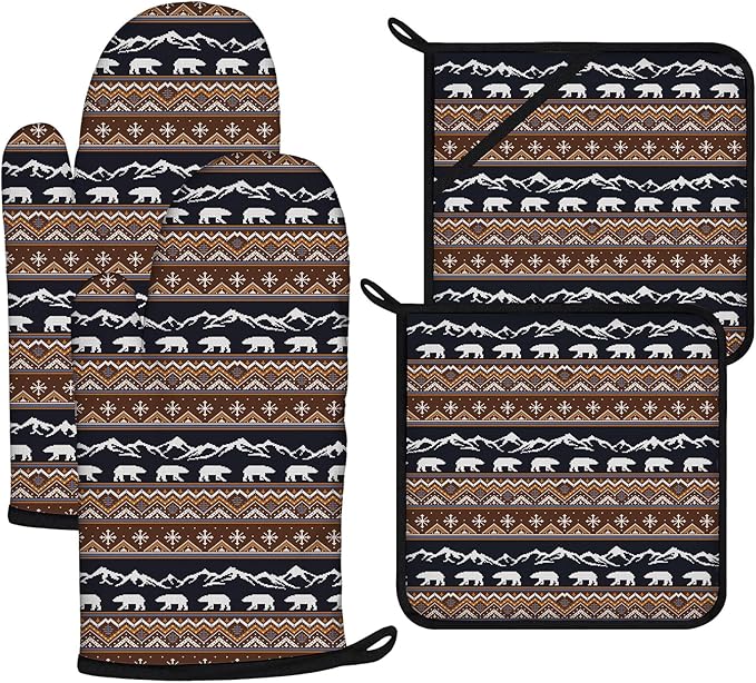 Vintage Rustic Bear Oven Mitts and Pot Holders Sets 4Pcs,Extra Long Oven Gloves Potholder for Kitchen Cooking Baking BBQ 100% Cotton Heat Resistant