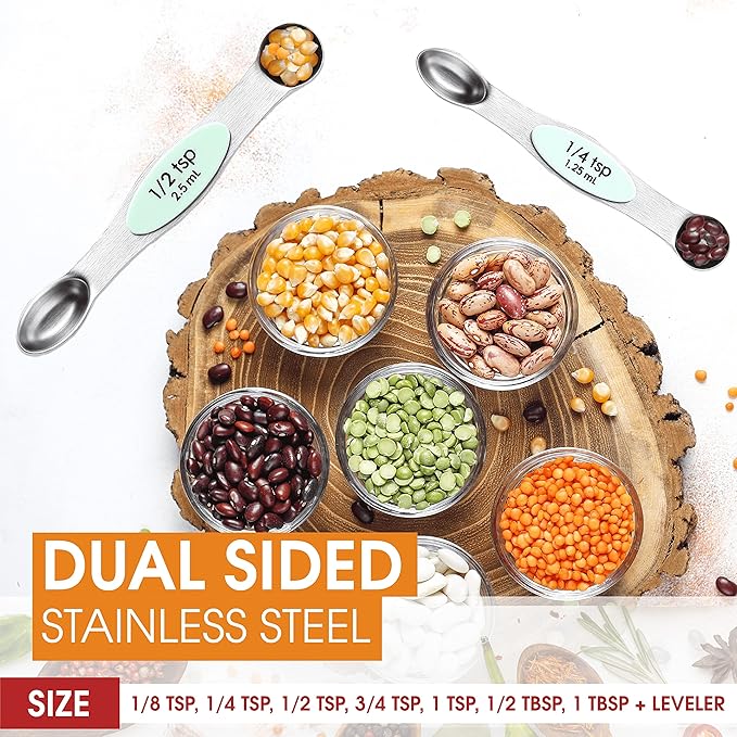 Spring Chef Stainless Steel Magnetic Measuring Spoons Set of 8 with Leveler, Nesting Metal Teaspoon & Tablespoon Measuring Spoons, Kitchen Gadgets for Baking & Cooking, Fits in Spice Jars - Mint