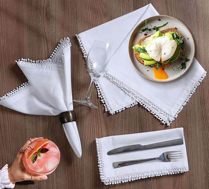 Bedding Craft Cotton Cloth Dinner Napkins Set of 12 – 18x18 Smart White with Decorative Lace Selvedge – Elegant Machine Washable Fabric Napkins for Weddings, Parties, Baby Showers & Table Décor