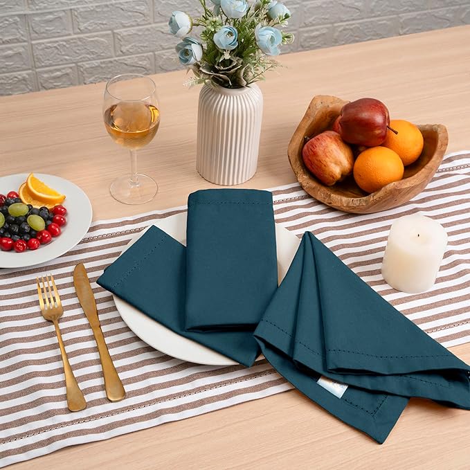 Blue Needles Set of 12 Hemstitch Linen Napkins 100% Cotton Crystal Teal Cloth Dinner Napkins 18x18 inches, Soft Reusable Absorbent Washable, Ideal for Fall Thanksgiving Events, Parties & Everyday Use