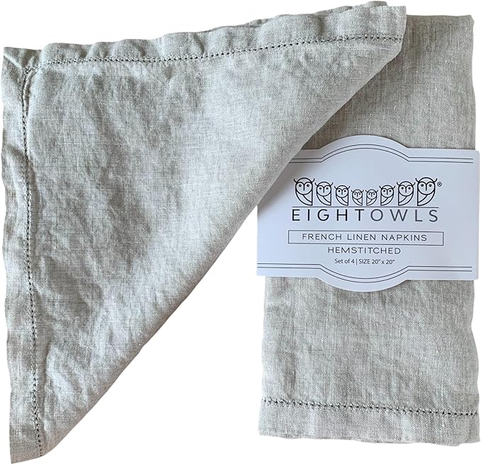 Hemstitched Linen Napkins – 20 Inch x 20 Inch – Stonewashed Pure Linen Cloth Dinner Napkins with Mitered Corners - 100% French Flax – Machine Washable - Set of 4 (Natural Oatmeal)