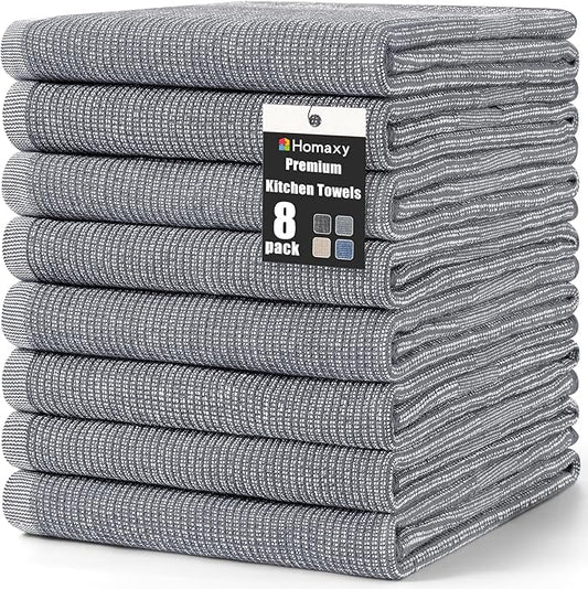 Homaxy Premium Kitchen Towels(18”x 28”, 8 Pack), Large Cotton Kitchen Hand Towels, Flat and Terry Dish Towels, 380 GSM Highly Absorbent Tea Towel Set with Hanging Loop, Grey
