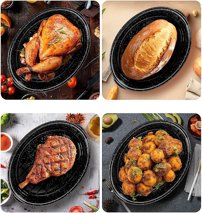 Enamel Granite Roasting Pan with Lid 18 Inch with Rack, Extra Large Deep Oven Baking Pot, NonStick Oval Carbon Steel Potato Roaster Pan for Turkey Chicken Steak NonToxic Perfect for Party Thanksgiving
