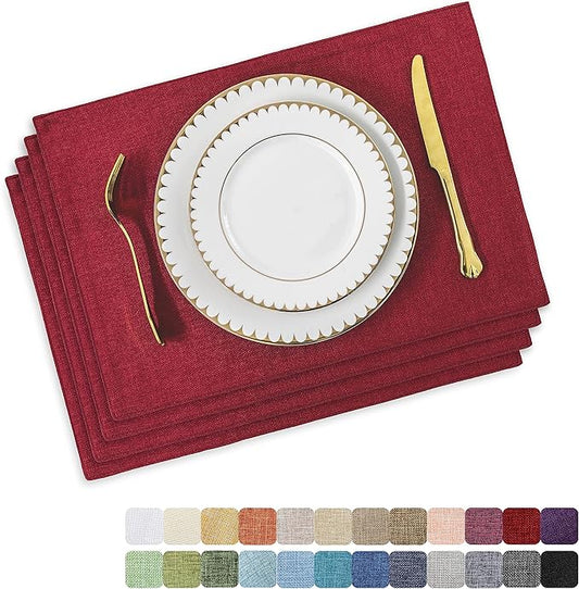 Home Brilliant Cloth Placemats Set of 4 Red Linen Placemats for Dinner Heat Resistant Dining Table Mats Kitchen Place Mats for Party Christmas, Dark Red Burgundy