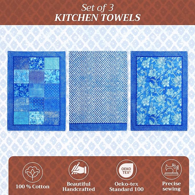 Maison d' Hermine Kitchen Towels Set of 3 100% Cotton 27.50" x 20" Reusable Cloth Tea Dish Towels Absorbent with Hanging Loop for Kitchen, Home, Dining, Cocktail Parties Spring/Summer (Indigo Love)