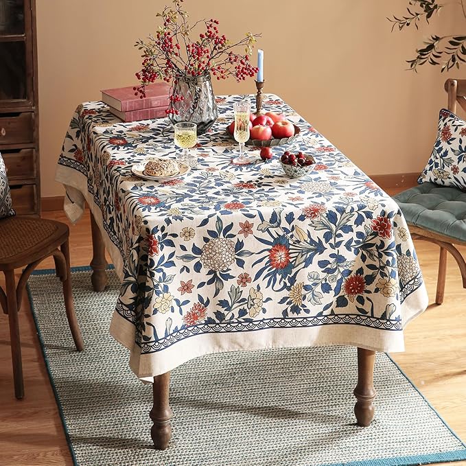 patdrea Designer Blue Tablecloth for Rectangle Tables,Vintage Linen with Leaves and Flowers Pattern Tablecloths,Farmhouse Floral Table Cover Cloth Decor for Kitchen Dining Christmas,55"*71"