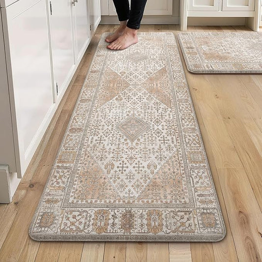 GENIMO Kitchen Mats for Floor 2PCs, Washable Anti Fatigue Mat for Cushioned, 17.3"x47"+17.3"x30", Waterproof Kitchen Rugs, Non Slip Comfort Standing Mat Rug for Home, Sink, Laundry, Oleander