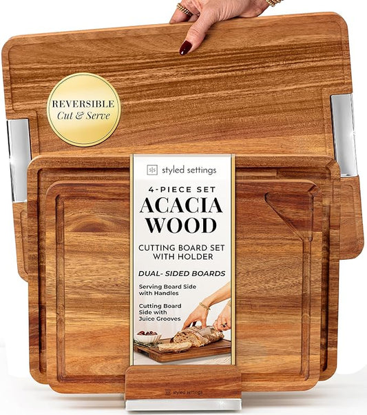Acacia Wood Cutting Board Set with Holder – 4 Piece Wooden Cutting Board Set with Stand – Reversible Charcuterie Tray with Juice Grooves and Silver Handles – Stylish Kitchen Gift