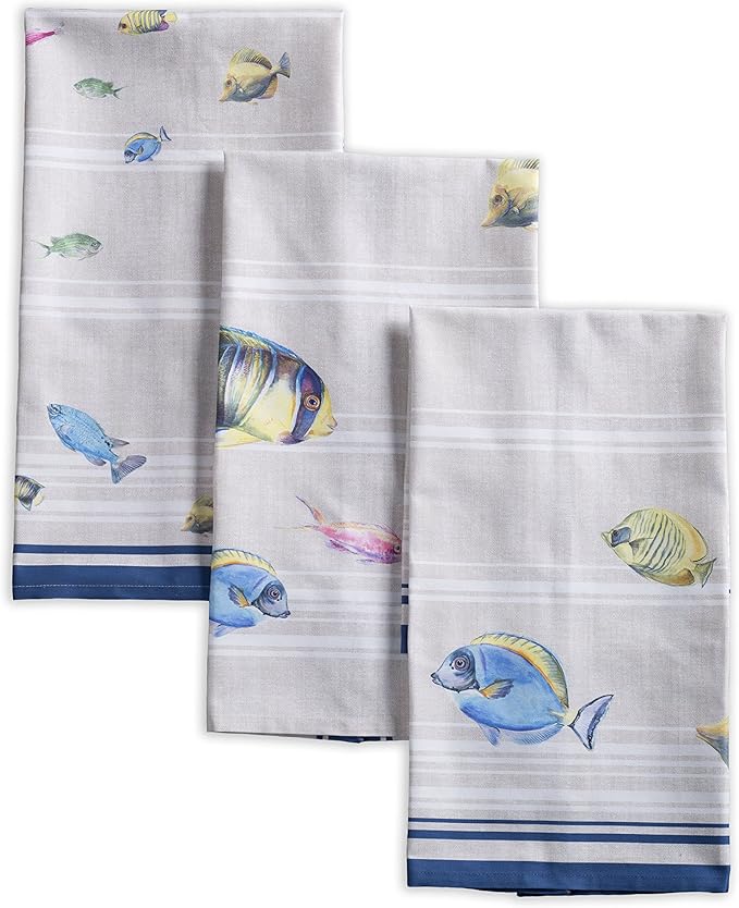 Maison d' Hermine Kitchen Towels Set of 3 100% Cotton 27.50" x 20" Reusable Cloth Tea Dish Towels Absorbent with Hanging Loop for Kitchen, Home, Dining, Cocktail Parties Spring/Summer (Poisson)
