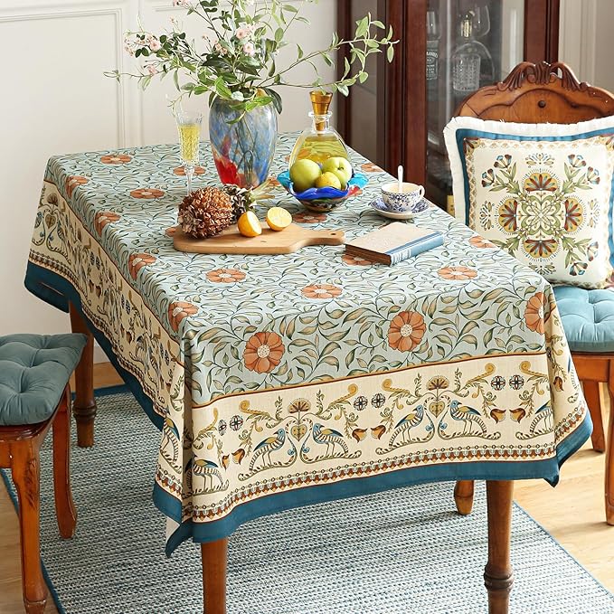 patdrea Designer French Linen Blue Tablecloth for Rectangle Table,Vintage Floral Table Cloth,Colorful Decoration Fall Cover Kitchen Dining for Thanksgiving,Christmas,63"x110"-Wensel