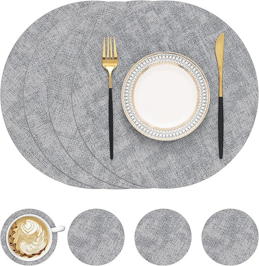homing Round Faux Leather Placemat and Coaster 4 Packs, Washable Heat Resistant Dining Place Mats, Wipeable Double-Sided Table Mats for Indoor and Outdoor, Diameter 13 and 3.93 inch, Light Grey