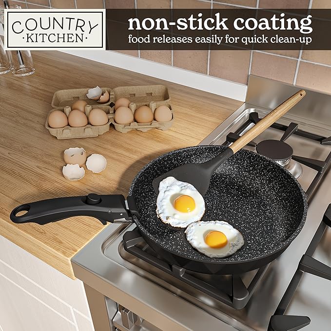 Country Kitchen Cookware Set with Removable Handle, Oven & RV Safe Pots and Pans Set, Black Diamond, Original