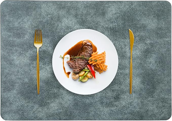 ICEDOG 12"x17" Waterproof PU Placemats - Faux Leather Heat-Resistant & Reversible Table Mats | Oil-Proof, Non-Slip for Kitchen, Dining, Outdoor BBQ (6, Bule)