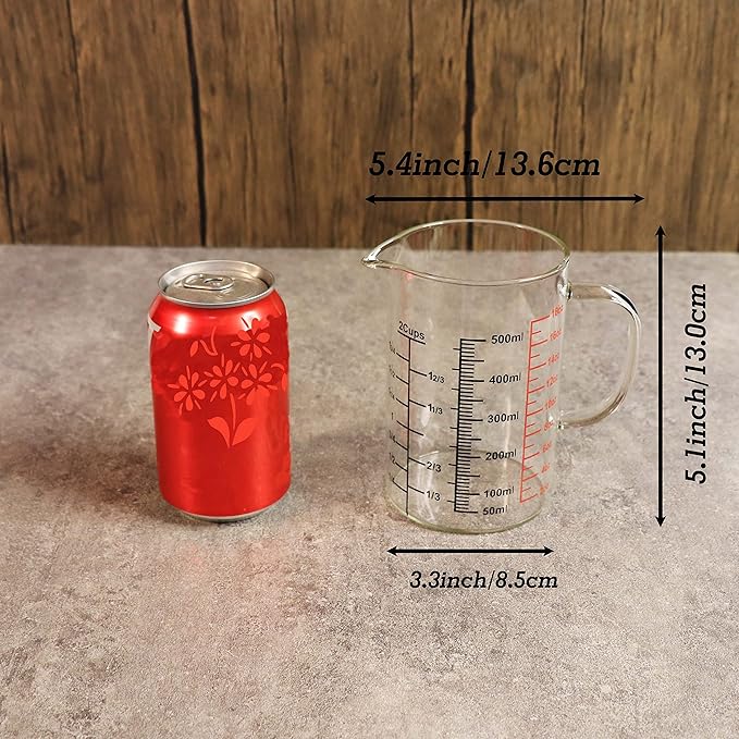 Glass Measuring Cup-[Insulated handle | V-Shaped Spout]-Made of High Borosilicate Glass Measuring Cup for Kitchen or Restaurant, Easy to Read, 500 ML (16 Oz, 2 Cup)