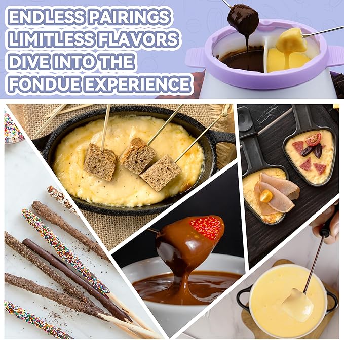 Electric Fondue Pot Set with 2 Pots, Melting Chocolate Warmer for Dipping, Candy & Chocolate Melting Pot, Fondue Pot Electric Set, Fondue Forks Included, 2.5 Cups, Lavender