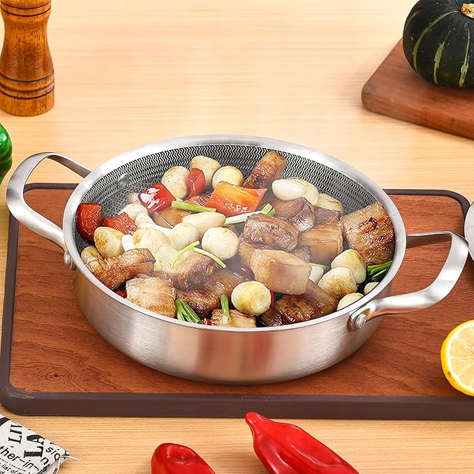 Inqibee 3 QT Hybrid Tri-Ply Stainless Steel Non Stick Sauté Pan with Lid,10 Inch Induction Deep Frying Pan,Skillet,Jumbo Cooker,Dishwasher and Oven Safe