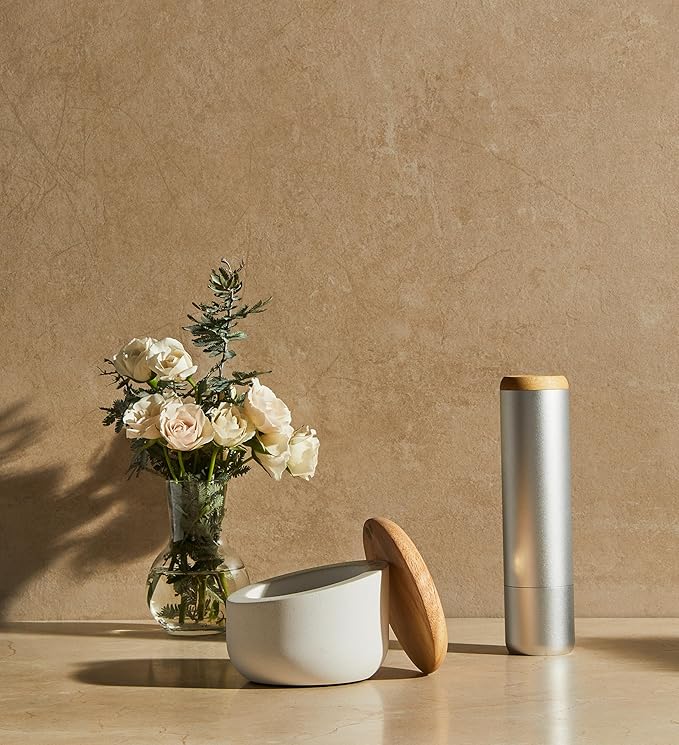 Evermill Premium Salt Mill with Coarse Himalayan Pink Salt, Anodized Aluminum Body, Wooden Cap, 26 Grind Settings, Manual Grinder (Silver)