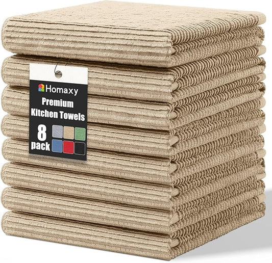 Homaxy Premium Kitchen Towels (18"x 28", 8 Pack), Large 100% Cotton Kitchen Hand Towels, Ultra Absorbent Ribbed Terry Tea Towels Set with Hanging Loop, Khaki
