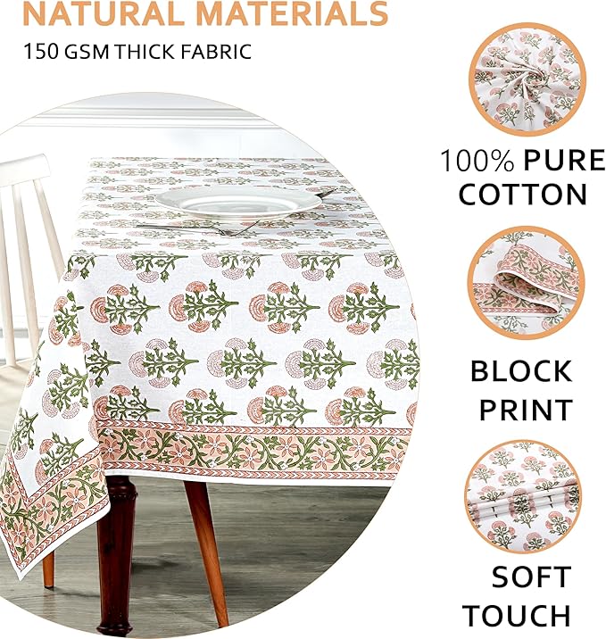 Ridhi Mughal Buta Peach Hand Block Print Cotton Rectangle Tablecloth 60 x 60 inch-Reusable Table Cover Decorative Everyday Use for Dining Room, Farmhouse, Thanksgiving, Christmas Wedding, Fall