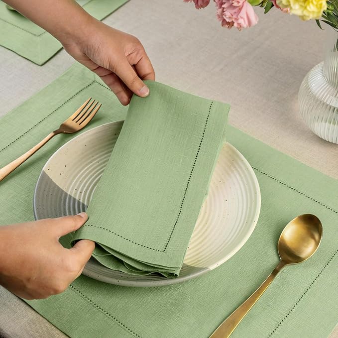 D'Moksha Homes Sage Green Linen Napkins Set of 4 - Classic Hemstitch 100% Pure Linen Hemstitch Dinner Napkins 20 x 20 Inch for Fall, Thanksgiving, Christmas, Holiday - Handcrafted and Machine Washable