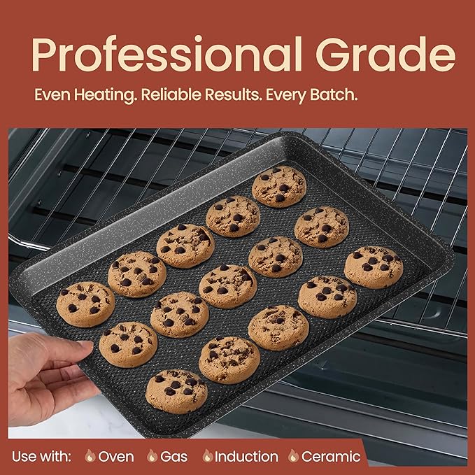 BAKKEN Kitchen Baking Pans - Small, Medium, and Large Cookie Pan (13.58×9.65, 15.75×11, 17.91×12.60), Nonstick, Diamond Texture Bottom, PFOA, PFOS, PTFE Free, Oven Safe (450°F), Pack of 3, Gray Marble