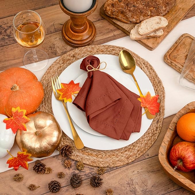 Blue Needles Set of 12 Hemstitch Linen Napkins 100% Cotton Rust Cloth Dinner Napkins 18x18 inches, Soft, Reusable, Absorbent, Washable, Ideal for Fall Thanksgiving Events, Parties & Everyday Use