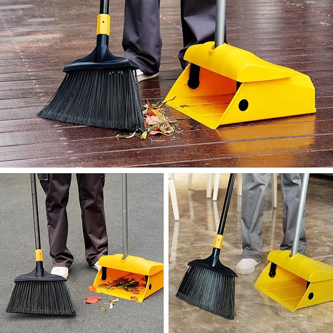 Yocada Commercial Broom and Dustpan Set with Windproof Cover Commercial Outdoor Indoor 2 Plus 1 for Courtyard Garage Lobby Mall Market Floor Home Kitchen Room Office Pet Hair Rubbish